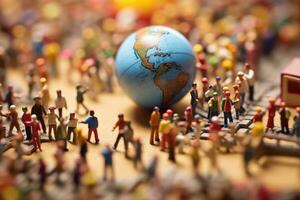 A crowd shot of tiny figurines of students and teachers bustling around a globe, representing a global classroom.  Generative AI photo