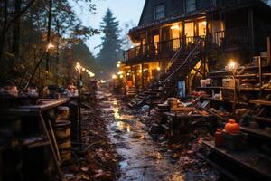 A haunted house decorated for Halloween with cobwebs, jack-o'-lanterns, and makeshift graves under the early evening light, exuding an eerie atmosphere. photo