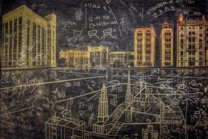 An close - up shot of a chalkboard, where mathematical formulas evolve into a detailed cityscape drawing. Generative AI photo