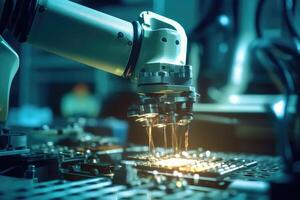 A close - up shot of a robotic arm conducting a precise task in an automated factory. Generative AI photo