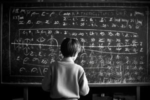 Photo of a child drawing a chalkboard full of complex mathematical formulas, pretending to be a teacher.