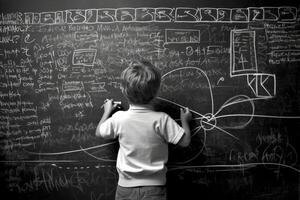 Photo of a child drawing a chalkboard full of complex mathematical formulas, pretending to be a teacher. Generative AI