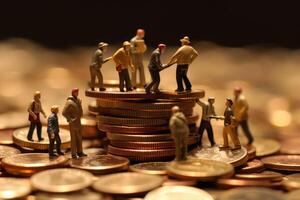 A group of miniature people climbing up a pile of coins. Journey of achieving business growth in a competitive market. photo
