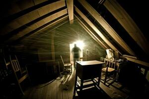A haunting image of an attic, shot with a fisheye lens to create a distorted perspective. Generative AI photo