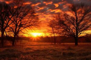 el Disparo saldos el siluetas de desnudo arboles en contra el vibrante colores de el puesta de sol cielo, mezcla el tranquilidad y misterio de el otoño estación. generativo ai foto