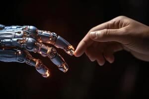 A human hand is reaching out to touch a robotic one.  Generative AI photo