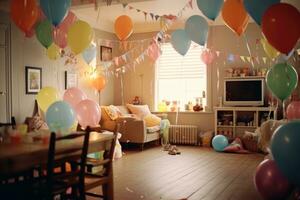 fiesta atmósfera con un atención en pastel globos y con tema de bebe decoraciones forrado arriba alrededor el habitación. generativo ai foto