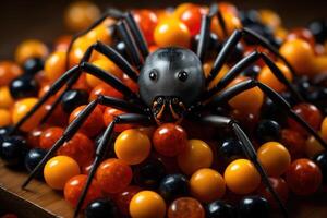 A creative arrangement of traditional Halloween candy corn formed into a spider shape on a dark wooden table, under soft lighting. photo