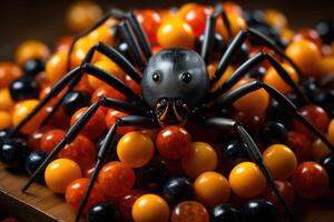 A creative arrangement of traditional Halloween candy corn formed into a spider shape on a dark wooden table, under soft lighting. Generative AI photo