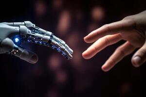 A human hand is reaching out to touch a robotic one. photo
