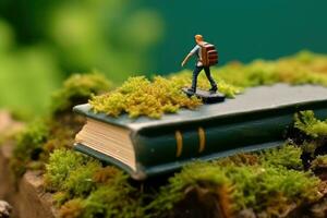 A macro shot of a miniature student figurine trekking up a hill made of an open book. Generative AI photo
