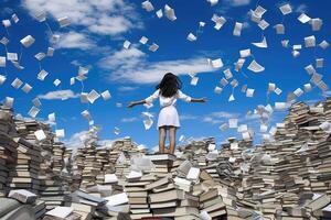 A young student reaching out towards a cloud made entirely of floating books against a bright blue sky. Generative AI photo