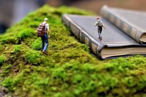 A macro shot of a miniature student figurine trekking up a hill made of an open book. Generative AI photo