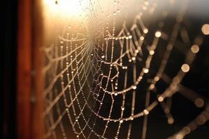 A dew - speckled spider web stretched across the corner of a rustic window frame, with the soft glow of a full moon in the background. photo