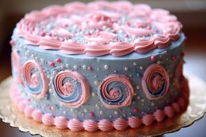 A beautifully decorated cake, it's icing in shades of baby blue and pink. Generative AI photo