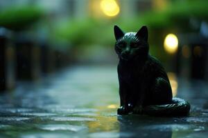 un cerca - arriba de un negro gato estatua con iluminado verde ojos, metido en el primer plano de un de luna, brumoso ruta. generativo ai foto