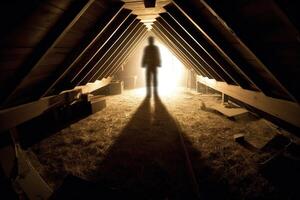 A haunting image of an attic, shot with a fisheye lens to create a distorted perspective. Generative AI photo