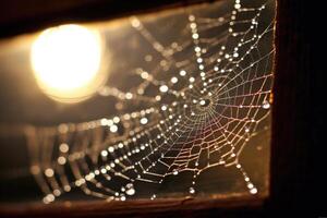 A dew - speckled spider web stretched across the corner of a rustic window frame, with the soft glow of a full moon in the background. photo