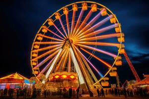 The iconic Oktoberfest Ferris wheel brilliantly lit against the night sky. Productive AI photo