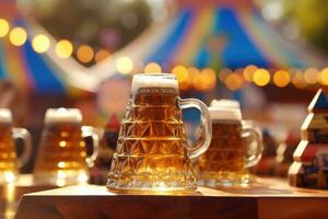 A pyramid made of beer steins, a unique sight at Oktoberfest. Generative AI photo