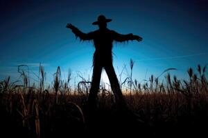 A spooky silhouette of a scarecrow in a deserted field, backlit by a massive full moon. Generative AI photo