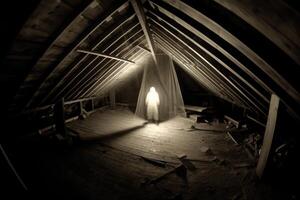 A haunting image of an attic, shot with a fisheye lens to create a distorted perspective. Generative AI photo