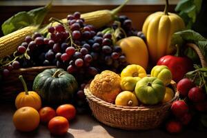 An assortment of freshly harvested autumn fruits and vegetables. Generative AI photo