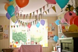 fiesta atmósfera con un atención en pastel globos y con tema de bebe decoraciones forrado arriba alrededor el habitación. generativo ai foto