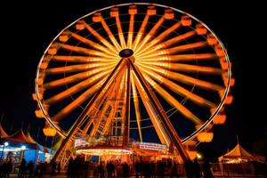 The iconic Oktoberfest Ferris wheel brilliantly lit against the night sky. Productive AI photo