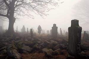An eerie shot taken at the stroke of midnight, capturing the fog - laden backdrop of a cemetery. photo