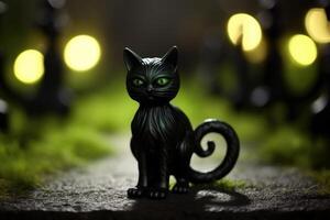 A close - up of a black cat statue with illuminated green eyes, placed in the foreground of a moonlit, foggy pathway. photo