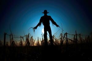 A spooky silhouette of a scarecrow in a deserted field, backlit by a massive full moon. Generative AI photo