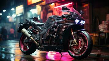 Neon Nights - An Intriguing Image Of A Motorbike Parked Near A Neon Sign In Tokyo. Generative AI photo