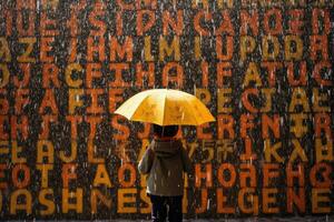 A child holding an umbrella under a rain of alphabets, symbolizing the shower of knowledge. Generative AI photo