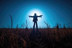 A spooky silhouette of a scarecrow in a deserted field, backlit by a massive full moon. Generative AI photo