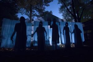 Eerie white ghosts made from sheets float in a moonlit backyard, casting long shadows. photo