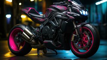 neón noches - un intrigante imagen de un moto estacionado cerca un neón firmar en tokio generativo ai foto