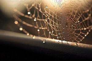 A dew - speckled spider web stretched across the corner of a rustic window frame, with the soft glow of a full moon in the background. photo