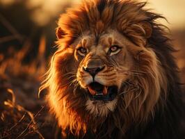 A stunning shot of a roaring lion during sunset in the African savanna.  Generative AI photo