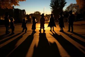 The silhouettes of children in various costumes parading on the street. Generative AI photo
