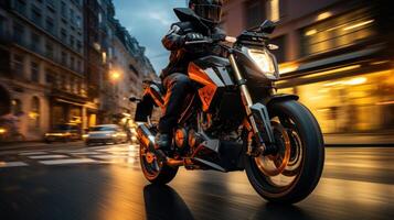 Speed On A Wet Track - A Dynamic Action Shot Of A Motorcycle Racer Making A Sharp Turn. photo