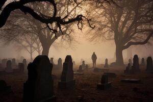 An eerie shot taken at the stroke of midnight, capturing the fog - laden backdrop of a cemetery. Generative AI photo