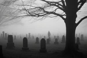 An eerie shot taken at the stroke of midnight, capturing the fog - laden backdrop of a cemetery. Generative AI photo