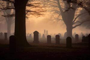 An eerie shot taken at the stroke of midnight, capturing the fog - laden backdrop of a cemetery. Generative AI photo