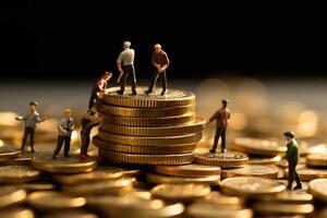 A group of miniature people climbing up a pile of coins. Journey of achieving business growth in a competitive market. photo