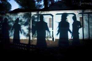 Eerie white ghosts made from sheets float in a moonlit backyard, casting long shadows. photo