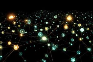 A network of glowing, interconnected nodes suspended in mid - air. photo