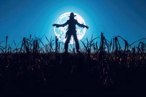 A spooky silhouette of a scarecrow in a deserted field, backlit by a massive full moon. photo