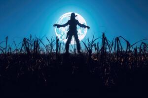 A spooky silhouette of a scarecrow in a deserted field, backlit by a massive full moon. Generative AI photo