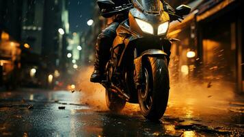 urbano caballito - un dinámica acción Disparo de un motocicleta ejecutando un caballito en un urbano calle. generativo ai foto